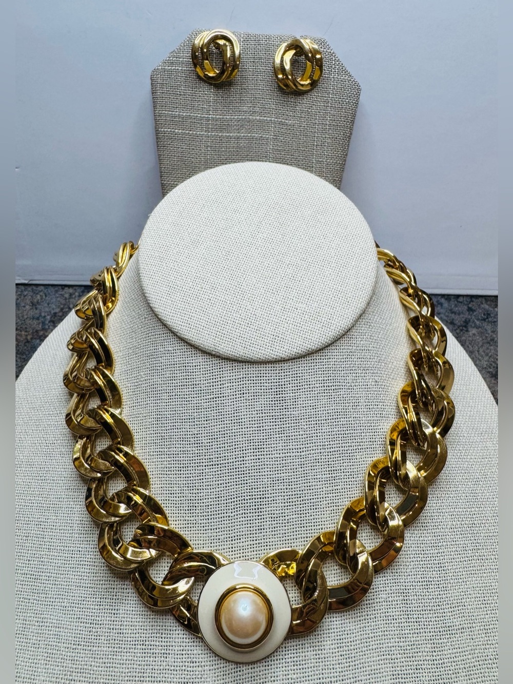 Monet gold tone chunky faux pearl necklace and earrings set